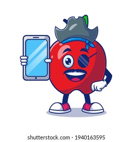 Cute Apple Pirate Holding Phone Cartoon Vector Illustration. Fruit Mascot Character Concept Isolated Premium Vector
