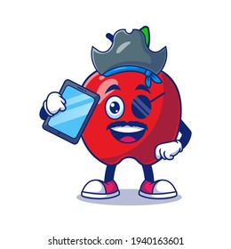 Cute Apple Pirate Holding Tablet Cartoon Vector Illustration. Fruit Mascot Character Concept Isolated Premium Vector