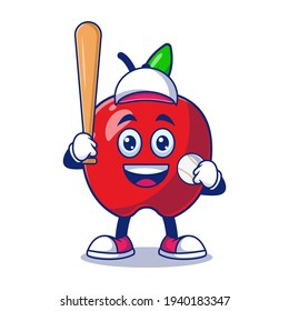 Cute Apple Playing Baseball Cartoon Vector Illustration. Fruit Mascot Character Concept Isolated Premium Vector