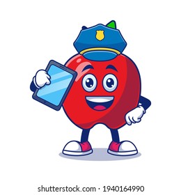 Cute Apple Police Holding Tablet Cartoon Vector Illustration. Fruit Mascot Character Concept Isolated Premium Vector