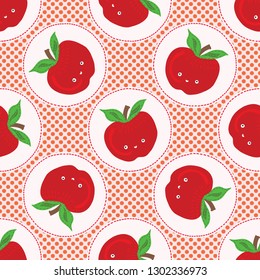 Cute apple polka dot vector illustration. Seamless repeating pattern. Hand drawn kawaii dotty whole apples background. 1950's style retro kitchen decor, kids textiles, 5aday fruit all over print.