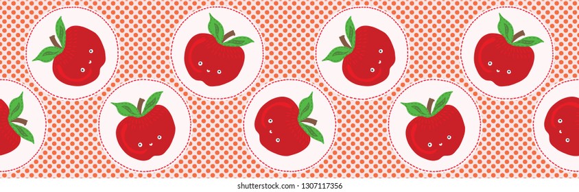 Cute apple polka dot vector illustration. Seamless repeating border pattern. Hand drawn kawaii dotty whole apples background. 1950's style retro kitchen decor, kid banner ribbon trim, 5aday fruit tape