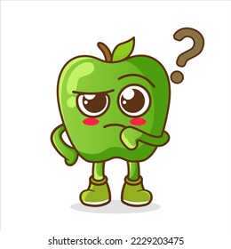 Cute apple with question mark character. Vector flat cartoon character illustration icon design. Isolated on white background. Apple thinking concept