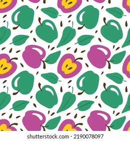 Patrón de manzana sin soldadura. Frutas enteras, rodajas y hojas. Ilustración de la mano del vector plano en estilo de caricatura