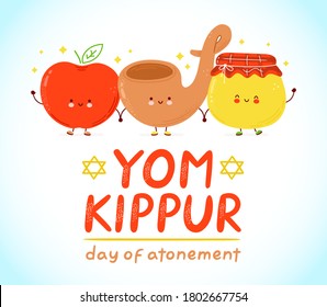 Cute apple, shofarand honey jar. Yom kippur kids card. Vector cartoon character hand drawn style illustration.Cute cartoon apple, shofarand honey jar.Yom kippur,Jew,Jewish holiday card,poster concept