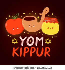 Cute apple, shofarand honey jar. Yom kippur kids card. Vector cartoon character hand drawn style illustration. Cute cartoon apple, shofarand honey jar.Yom kippur,Jew,Jewish holiday card,poster concept