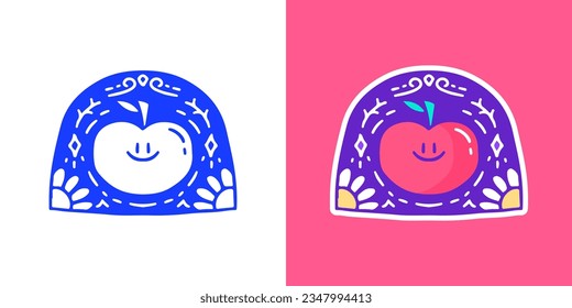 Cute apple with smile face and sunflower, illustration for logo, t-shirt, sticker, or apparel merchandise. With doodle, retro, groovy, and cartoon style.