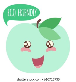 Cute apple with speech bubble. Eco-friendly poster design. Vector illustration.