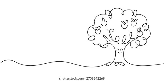 Dibujo lindo de la línea del árbol de manzana con la cara sonriente - diseño de arte continuo de Naturaleza caprichoso