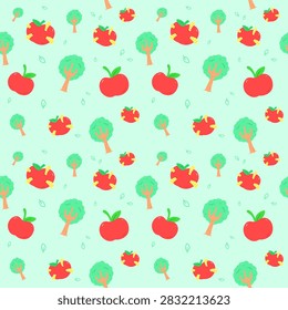 Cute Apple Tree and Wormy Apple Seamless Pattern