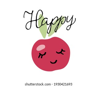 Cute apple vector hand drawn illustration  for social media content, book or kids greeting card. Happy hand drawn text