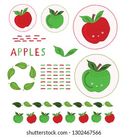 Cute apple vector illustration clipart set.  Hand drawn kawaii dotty whole apples motif elements. For retro kitchen decor, kids healthy food stickers, 5aday button, vitamin fruit cartoon label.