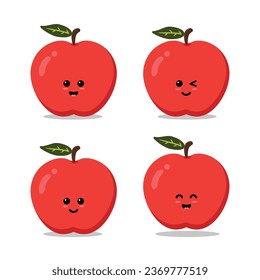 Cute apple vector stickers set: laugh, wink, smile, and happy jump. Cartoon fruit characters collection. Funny emoticon flat design style illustration, isolated on white.