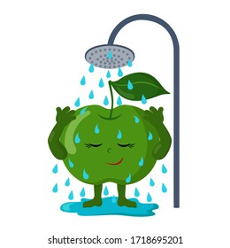 Cute apple washes in the shower. Colorful smiling kawaii fruit. Isolated vector illustration.