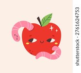 Cute apple with worm character. Kawaii fruit design. Perfect for children