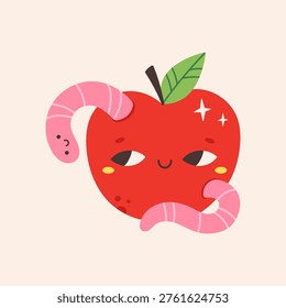 Cute apple with worm character. Kawaii fruit design. Perfect for children's decor, stickers, posters, patterns, fun graphic projects. Flat vector illustration