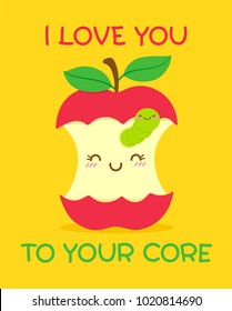Cute apple and worm illustration with quote “I love you to your core” for valentine’s day card design