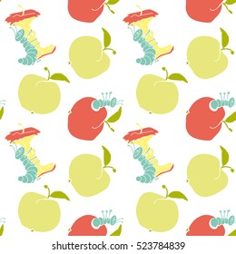 cute apple worm and red apple. fun concept eco healthy food seamless pattern. vector illustration. white background fabric