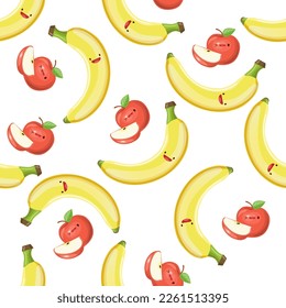 Cute apples and bananas seamless pattern. Vector illustration. Food icon concept. Flat cartoon style.