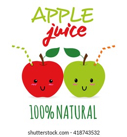 Cute apples as beverage with straw. Fresh juice concept illustration vector.