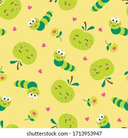 Cute apples and caterpillars seamless pattern