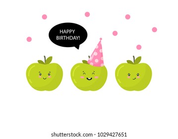 Cute apples characters. Happy birthday. Vector illustration.