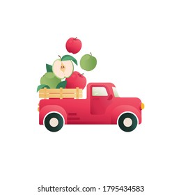 Cute Apples emblem concept. Apples in a truck vector Icon. Funny element for logo, packaging, print with farm apple. Vegetable delivery illustration. 
