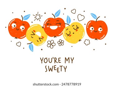 Cute apples isolated on white background - horizontal border for Your happy greeting card design
