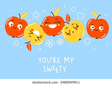 Cute apples on blue background - horizontal border for Your happy greeting card design