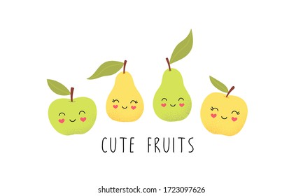 Cute apples and pears are smiling. Funny fruit characters. Vector isolated illustration on a white background.