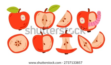 Cute apples shown whole, sliced, halved, cored, and eaten, with playful cartoon style on white background. Flat vector illustration set.