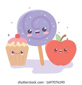 cute appple candy in stick and cupcake kawaii cartoon character vector illustration