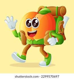 Cute apricot character hiking. Perfect for kids, merchandise and sticker, banner promotion or blog
