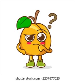 cute apricot mascot confused expression with question mark, frustrated apricot character thinks with question mark over head.