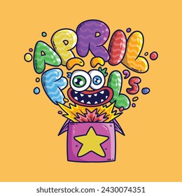 Cute april fool day with clown box surprise cartoon vector illustration. Hand drawn vector illustration