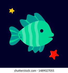 cute aqua colored fish flat vector design cartoon illustration