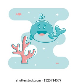 Cute aquamarine laughing whale and corals. Fish, sparkling stars and aquamarine blob in the background. Linear style illustration. Vector.