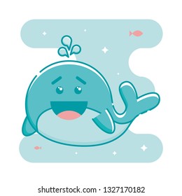 Cute aquamarine laughing whale. Sparkling stars, fish and blue blob in the background. Linear style illustration. Vector.