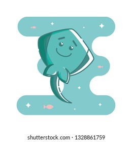 Cute aquamarine smiling stingray. Fish and sparkling stars in the aquamarine blob background. Linear style illustration. Vector.
