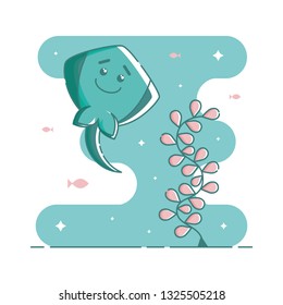Cute aquamarine smiling stingray and pink seaweed. Fish and sparkling stars in the aquamarine blob background. Linear style illustration. Vector.