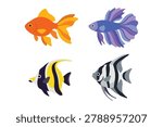 Cute aquarium fish cartoon characters vector illustration set. Flat goldfish, siamese fighting fish, moorish idol, and angelfish clipart pack isolated on white background