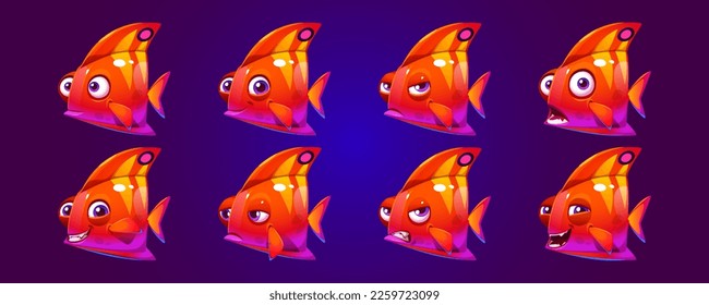 Carácter de pescado acuario. Animales marinos tropicales, mariposas coralinas con diferentes emociones, alegres, enojadas, tristes y sorprendidas, dibujos animados vectoriales aislados en el fondo