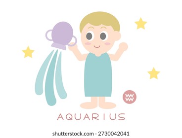 Nette Aquarius Vektorgrafik. Ein Mann, der eine Flasche ​in ​ Hand hält. Wasser fließt aus der Flasche. Einfaches Design. Weißer Hintergrund. 
