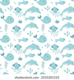 Cute aquatic animal pattern with dolphins, whales, fish, and squids in teal and white.