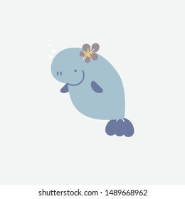 cute aquatic animal wildlife underwater  sea cow, manatee or dugong logo label sticker, flat vector illustration cartoon character design