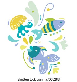 Cute aquatic creatures in bright colors