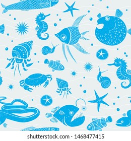 Cute aquatic inspired reef fish stamp seamless vector pattern.