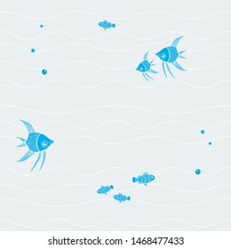 Cute aquatic inspired reef fish stamp seamless vector pattern.