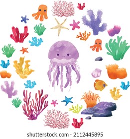 Cute aquatic jellyfish. Underwater flora and fauna. Vector cartoon illustration in flat style. Clipart for the design of children's products.	