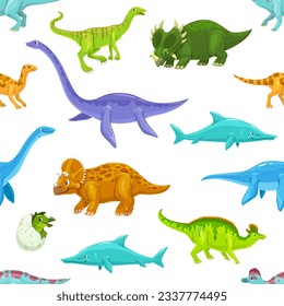 Cute aquatic and land dinosaurs cartoon personages seamless pattern. Fabric vector seamless print with Raptor, Centrosaurus, Triceratops and Lambeosaurus, Plesiosaurus, Elasmosaurus dino personage